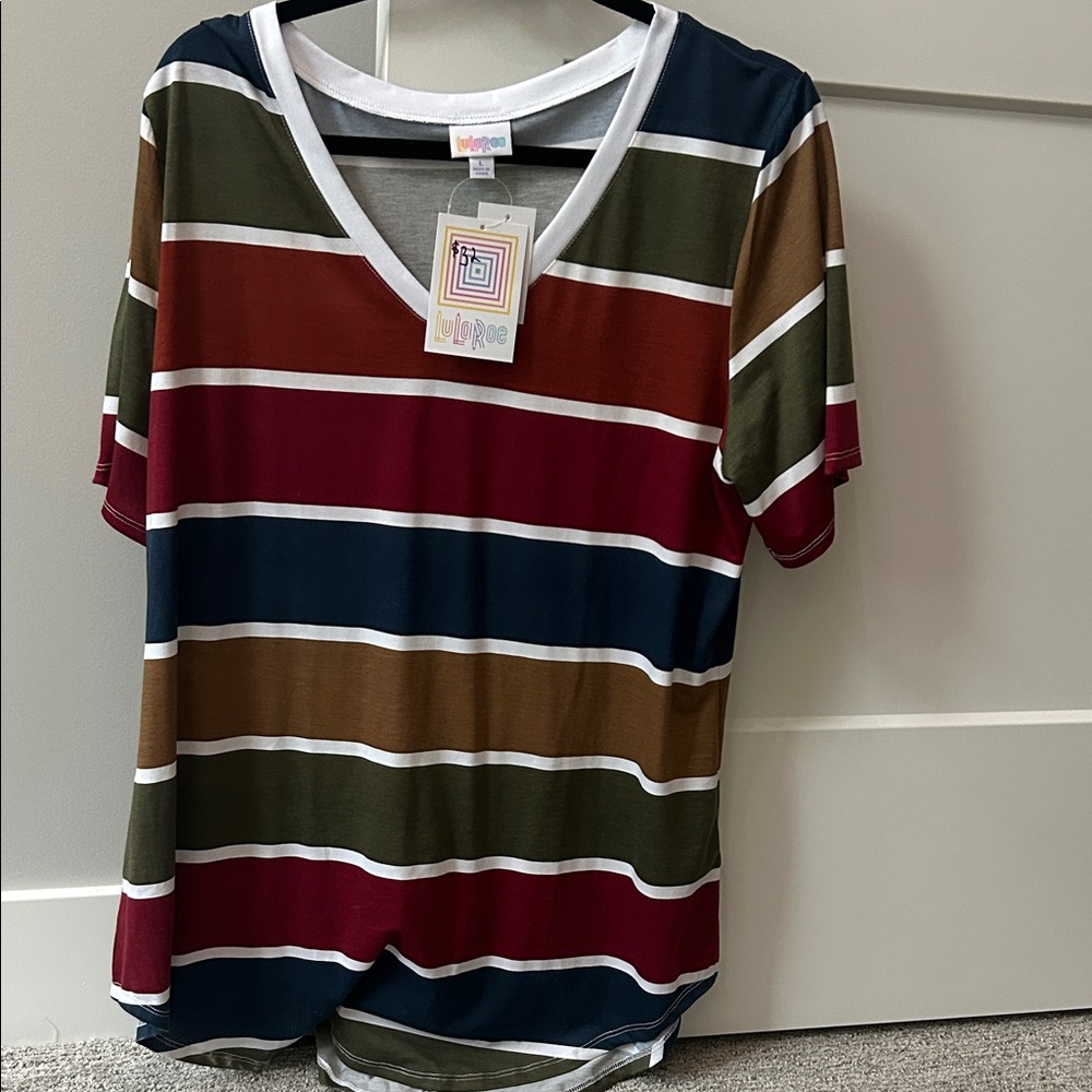 LuLaRoe Women's V-Neck Striped Tee - Red, Green, Blue, Brown